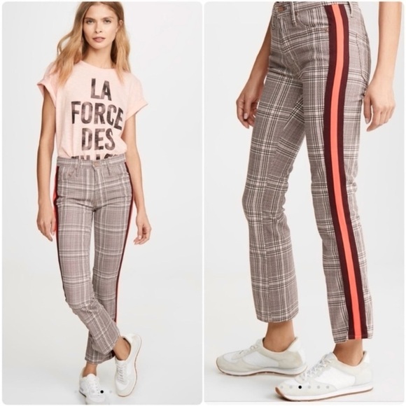 NWT MOTHER 90s Plaid Check High Rise Sporty Stripe Kick Flare Leg Ankle Jean 26 - Picture 2 of 12